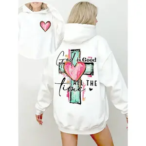 Women's God Is Good All the Time Cross Letter Print Long Sleeve Casual Hoodie with Pockets, Comfortable Fit, Daily Wear, Hand Drawn Design