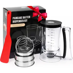 Pancake Batter Dispenser, 4-Cup Set with Muffin Rings & Spatula - Ideal for Pancakes, Cupcakes, Waffles, and Muffins, Easy Squeeze Handle