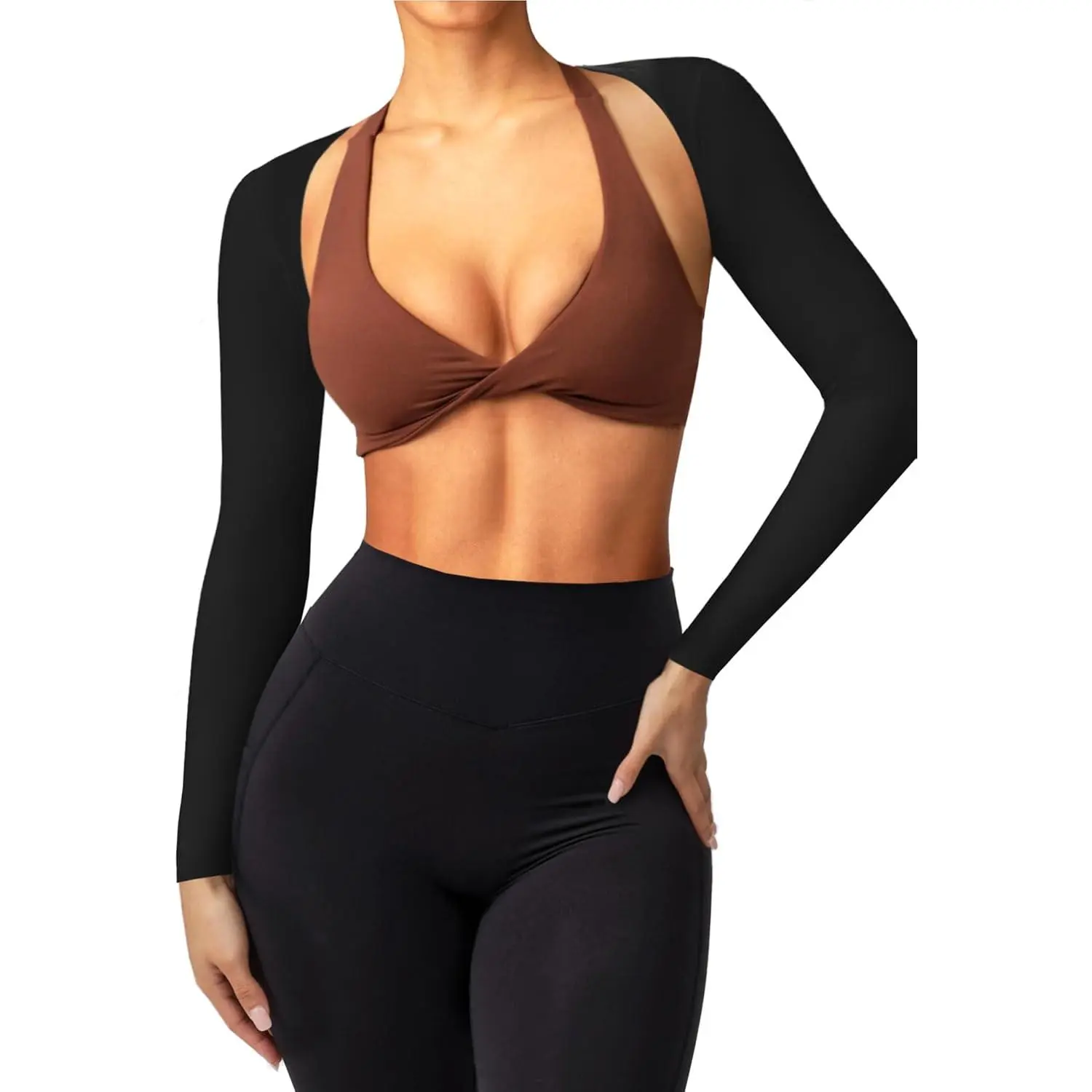 Women's Modern Bolero Shrug, Long Sleeve Synthetic Workout Top, Cropped Activewear for Yoga & Fitness, Fitness Sport Top, Workout Yoga, 01A Black Bolero Shrug, Female
