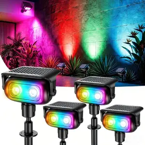 RGB Solar Spot Lights Outdoor, 360° Rotation  & 5 Modes Color Changing Spotlights  Outdoor Landscape Lights Solar Spot Landscaping Pathway Lighting for Path Garden Yard, Outdoor Decorative Lights, Solar Pathway Lamp