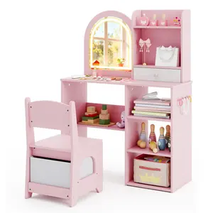 Vanity Desk Set, Girls Makeup Vanity Table Set with Lighted Mirror, Storage Drawer, Hooks & Shelves, 2 in 1 Makeup Vanity Desk Dressing Table, Wooden Kids Vanity Table and Chair Set (Pink)