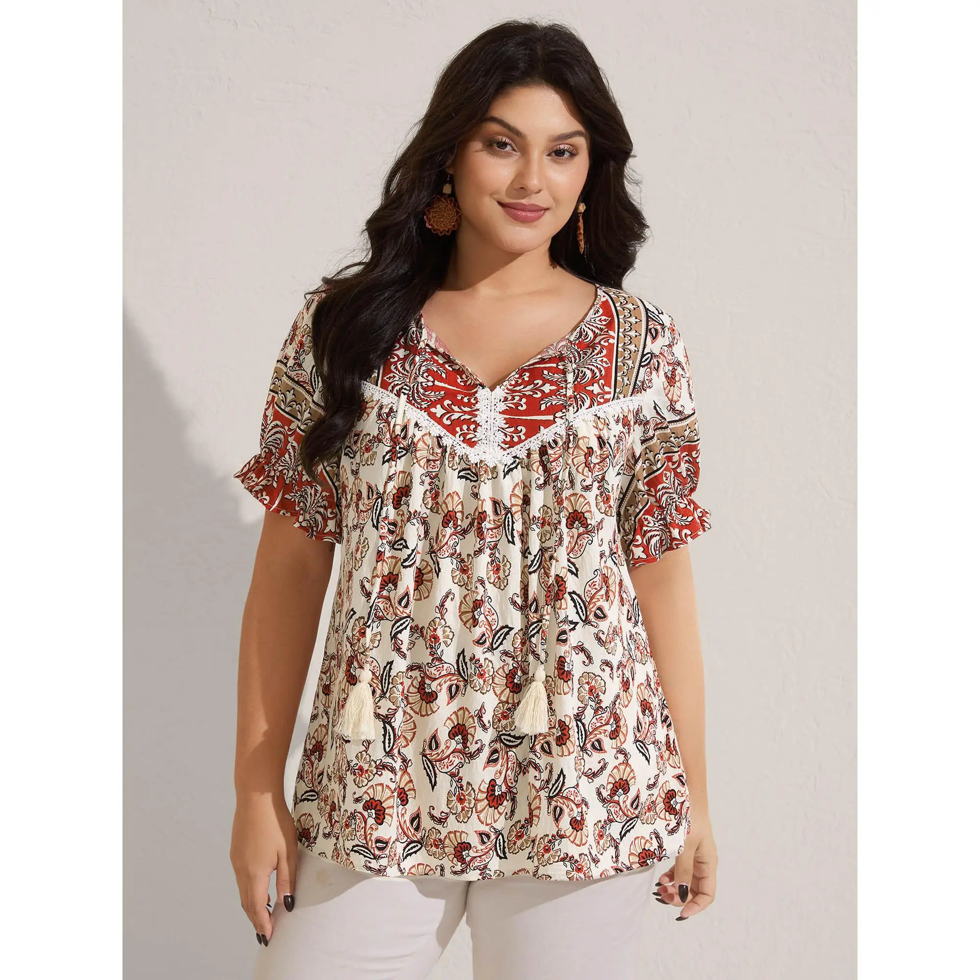 BloomChic Women's Boho Floral Print Blouse, Comfy Casual Nylon-Rayon Top with Tassels, Regular Fit, Shirts, Fabric, Smooth, Flat, Breathable, Paisley, Ready To Wear, Plus Size Friendly Fit, Machine Wash, Rayon Blend, 14–16 / 1X, Do Not Tumble Dry, Sleeve,