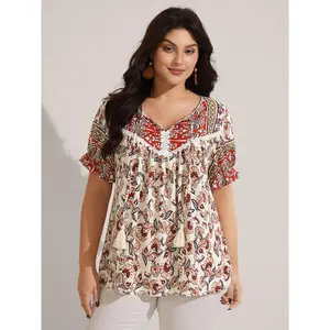 BLOOMCHIC Women's Plus Size Bohemian Paisley Floral Print Blouse - Flat, Breathable, Simple, Nylon-Rayon Fabric, Lantern Sleeves, Neck Tassel Accents, Bowknot Accent, Sizes M-6X, 2026 Summer Everyday Top