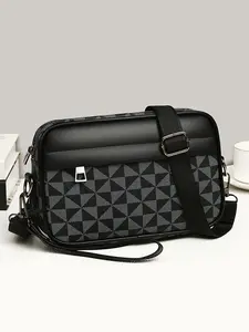 Men's Geometric Pattern PU Leather Shoulder Bag, Stylish Crossbody Bags, Zipper Closure Casual Multi-Purpose Handbag, High-Quality Durable Design, Versatile Shoulder Bag, Fashionable Casual Bag, Zippered Sling Bag