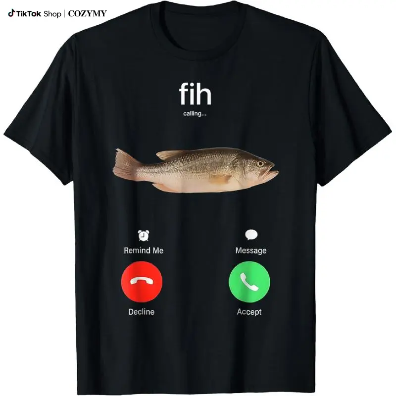 [100% Cotton] Fih Calling Remind me Message Decline Accept Phone Call Fish T-Shirt Graphic tee