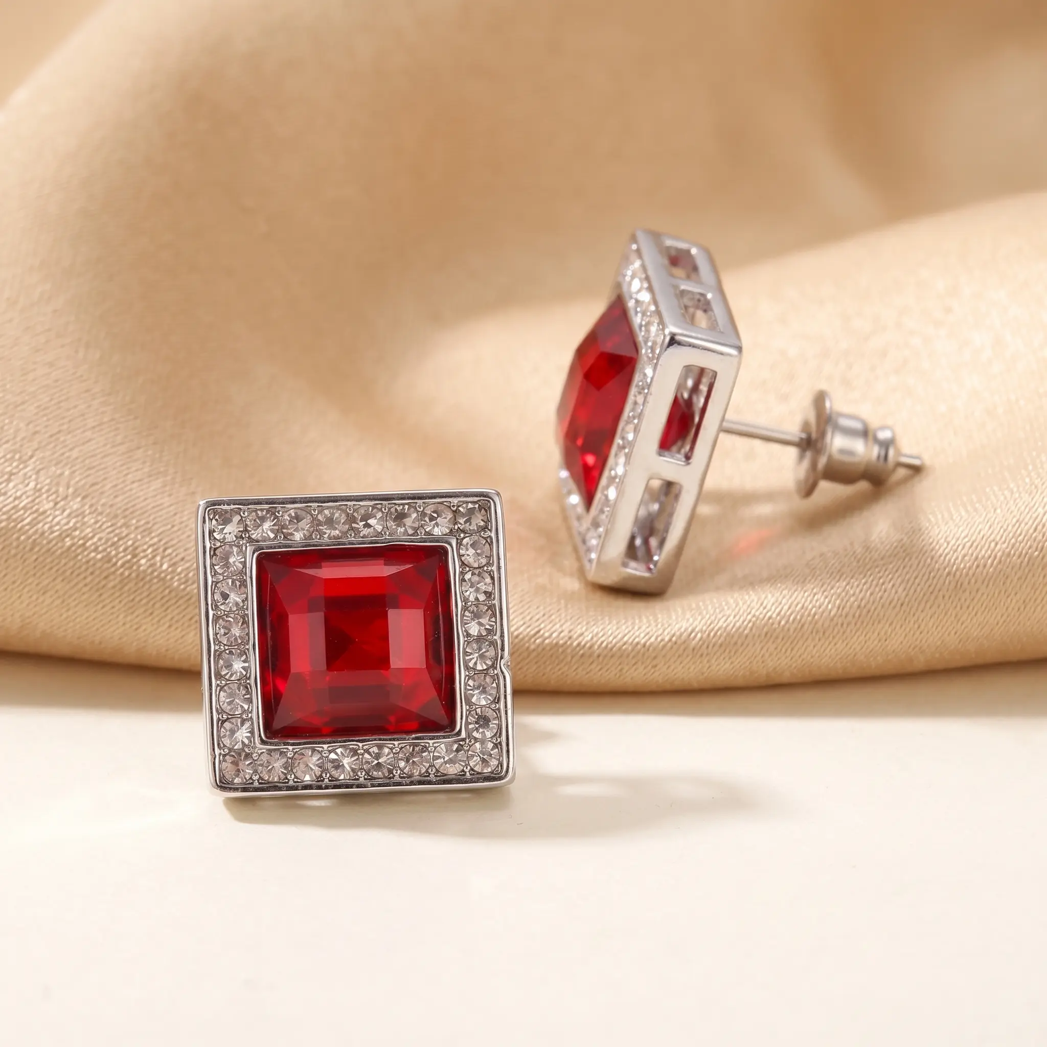 Red Ruby Square Stud Earrings for Men Women, Iced Out Bling Rhinestone Halo Hip Hop Ear Studs Jewelry Gift