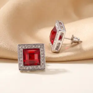 Red Ruby Square Stud Earrings for Men Women, Iced Out Bling Rhinestone Halo Hip Hop Ear Studs Jewelry Gift