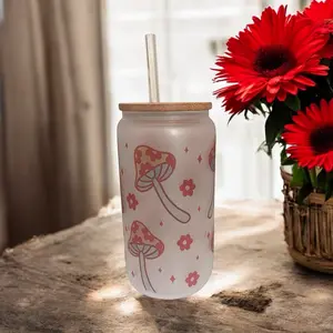 Retro Style Mushroom 16oz or 20oz Frosted Beer Can Glass Cup with Lid and Straw Mushrooms and Butterflies - Drinkware Tumbler Reusable Portable Washable Bamboo
