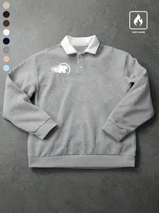 Men's Fall Winter Warm Fleece Polo Neck Sweatshirt, Colorblock Collar Loose Casual Long Sleeve Pullover, High Street Streetwear Graphic Print, Unisex Couple Wear