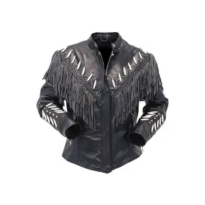 Black Western Fringe Leather Jacket with Bone Beads Work