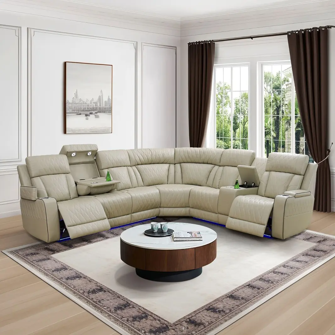 3-Piece 211.3" Wide Beige Breathing Leather Power Recliner Sectional with Wedge USB Port LED Lighting Armrest Storage & Flip Up Coffee Table