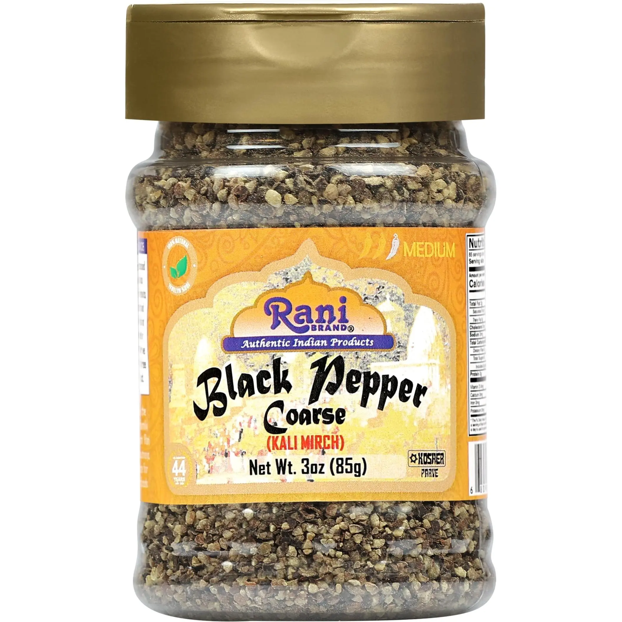 Rani Black Pepper Coarse Ground 28 Mesh (Table Grind), 3oz (85g) PET Jar ~ Gluten Friendly, Non-GMO, All Natural | Kosher