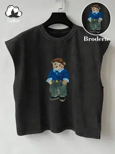 Men's Sleeveless Vest Broderie Cartoon Bear Embroidery Print, 100% Cotton Washed Vintage Style, Round Neck Loose Fit Short Casual Wear, Casual Streetwear Tops, Casual Comfy Fashion