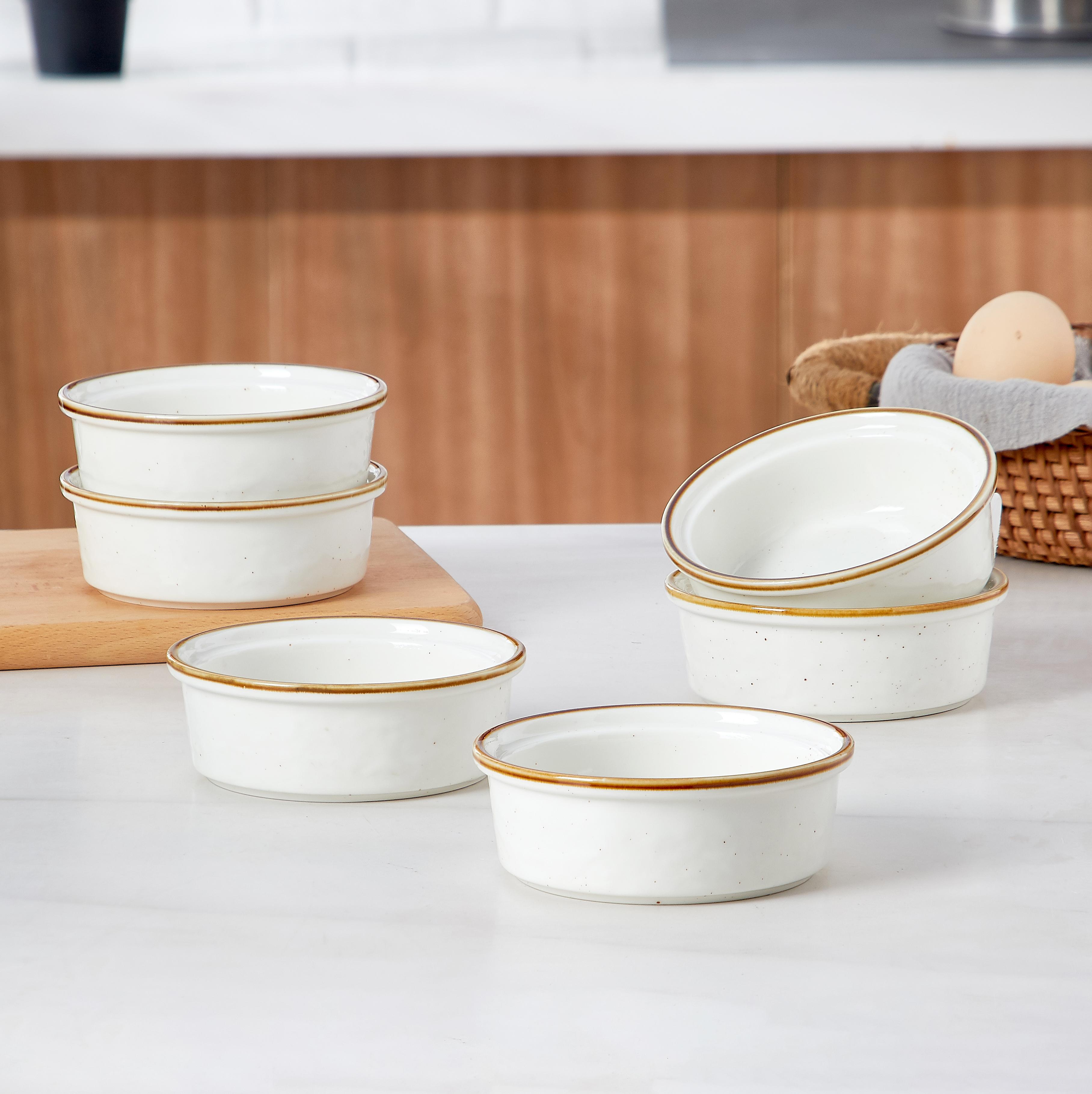 4.5" 6.8 Oz White Ceramic Ramekins With Gold Trim, Set Of 6 Oven Safe Shallow Souffle BowlsFor Desserts, Dips & Creme Brulee, Oven Safe Souffle Dishes For Creme Brulee Souffle PuddingLava Cake Stoneware Custard Cups For Baking Ceramic Sauce Bowls