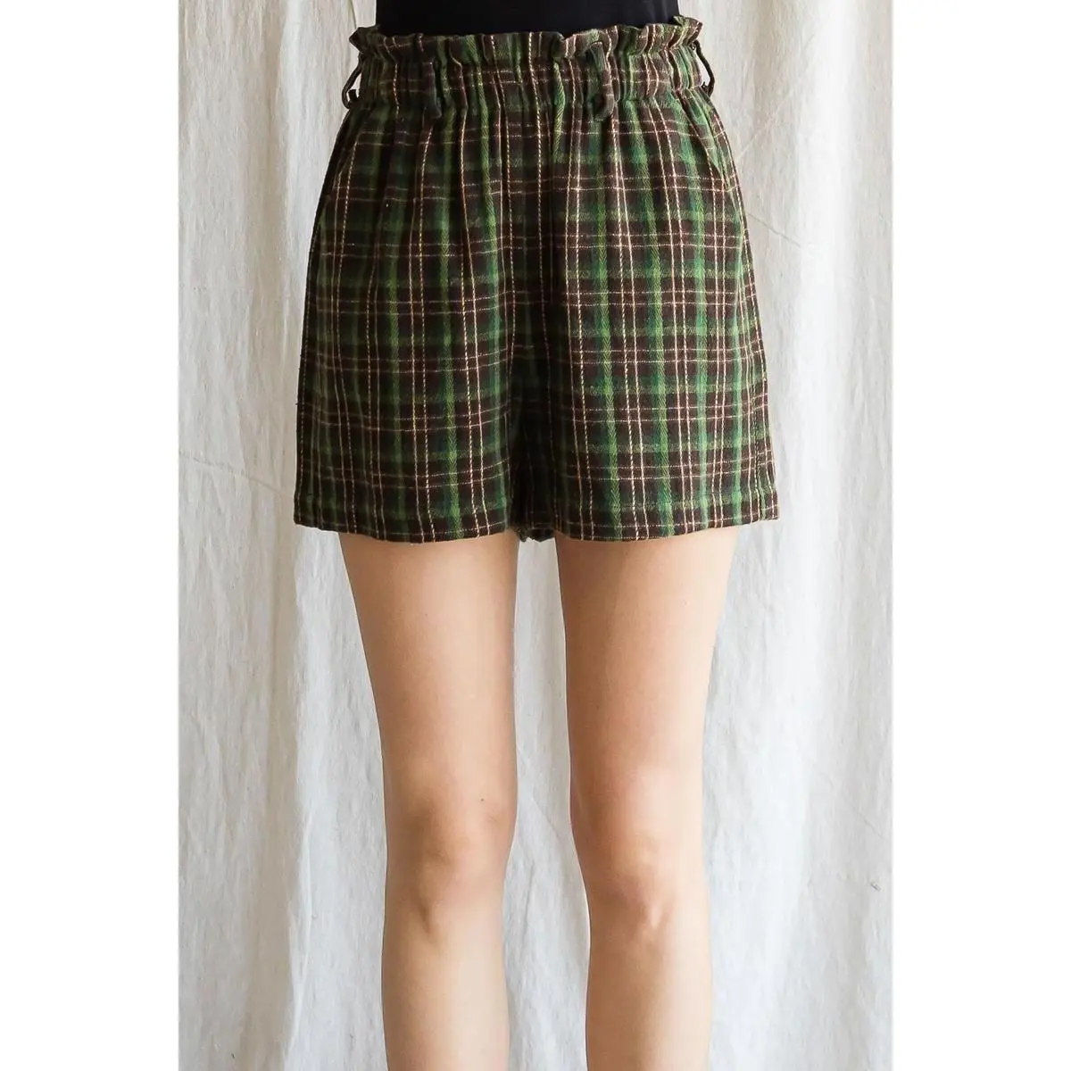 Women's Evergreen Plaid Paperbag Shorts, Everyday Bottoms with Comfortable Fabric and Flattering Fit