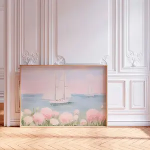Sailboats and Pink Hydrangeas Print, Pastel Seascape Wall Art , Beach House wall art, coastal boat summer wall art | Frameless Poster C