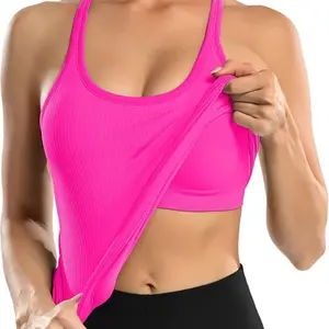 Attraco Ribbed Workout Tank Tops with Built in Bra for Women Tight Racerback Scoop Neck Athletic Top