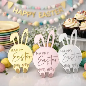 6pcs Festive Cartoon Rabbit Cake Toppers Happy Easter Mirror Finish Cupcake Decor Toppers Acrylic Dessert Decorations Gift Tags