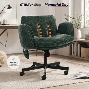 Airbag Support Wide Seat Criss Cross Office Chair with Wheels, Chenille Upholstery, 5-Level Folding Armrests, Adjustable Swivel Vanity Chair for Home & Bedroom Work