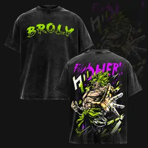Unisex Vintage Washed Dragon Ball Z Broly Hoodie & T-Shirt, Oversized Heavyweight Cotton Tops, Bold Saiyan Power Double Sided Manga Print, Retro Anime Streetwear for Casual Daily Hip Hop Skateboarding Outfits, Ideal Gift for DBZ Anime Fans
