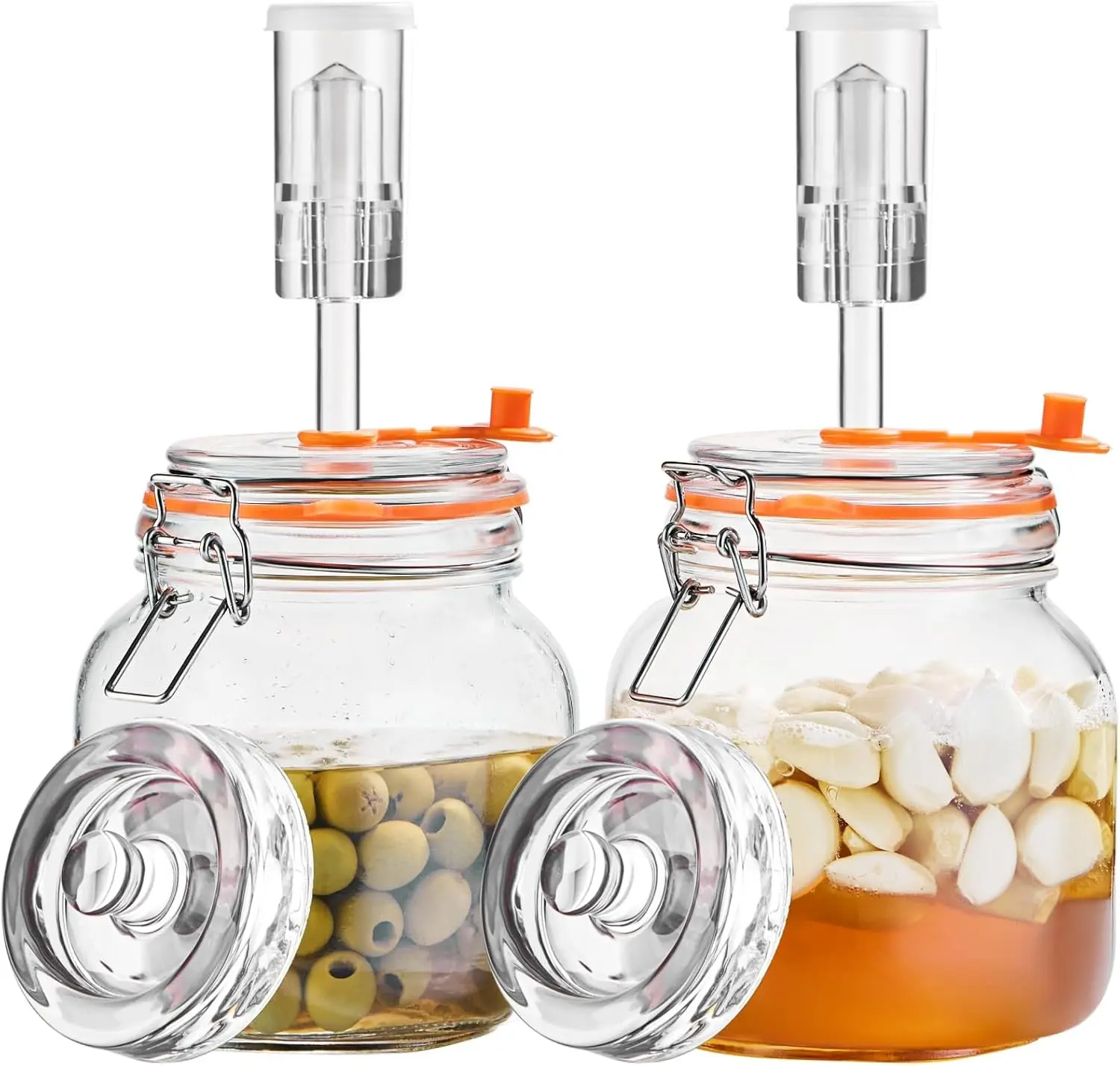 Fermentation Jars, 1L Fermenting Kit with Airlock & Glass Weights, 2-Pack | Square Wide-Mouth Glass Fermentation Jars with 3-Piece Self-Venting Airlocks for Small-Batch Sauerkraut, Kimchi & More