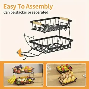 2/3 Tier Countertop Fruit Basket with 2 Banana Hangers for Kitchen, Detachable Metal Organizer for Bread Vegetable Fruits with Wooden Handle, Large Capacity Rectangular Storage Stand Bowls, Black