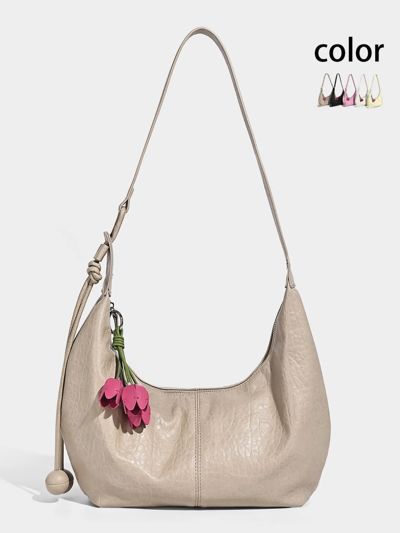 Large Capacity Crossbody Shoulder Bag, Boho Style Ultra Suede Leather, All Seasons Solid Pattern, Lightweight Petal Crescent Design