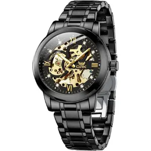 OPK Mens Watches Automatic Mechanical Self Winding Skeleton Luxury Diamond Watch Stainless Steel Waterproof Luminous