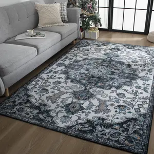 Vintage Floral Area Rug, Non-Slip Machine Washable Low Pile Carpet for Living Room, Soft Durable Floor Mat, 5x8 / 6x9 Feet