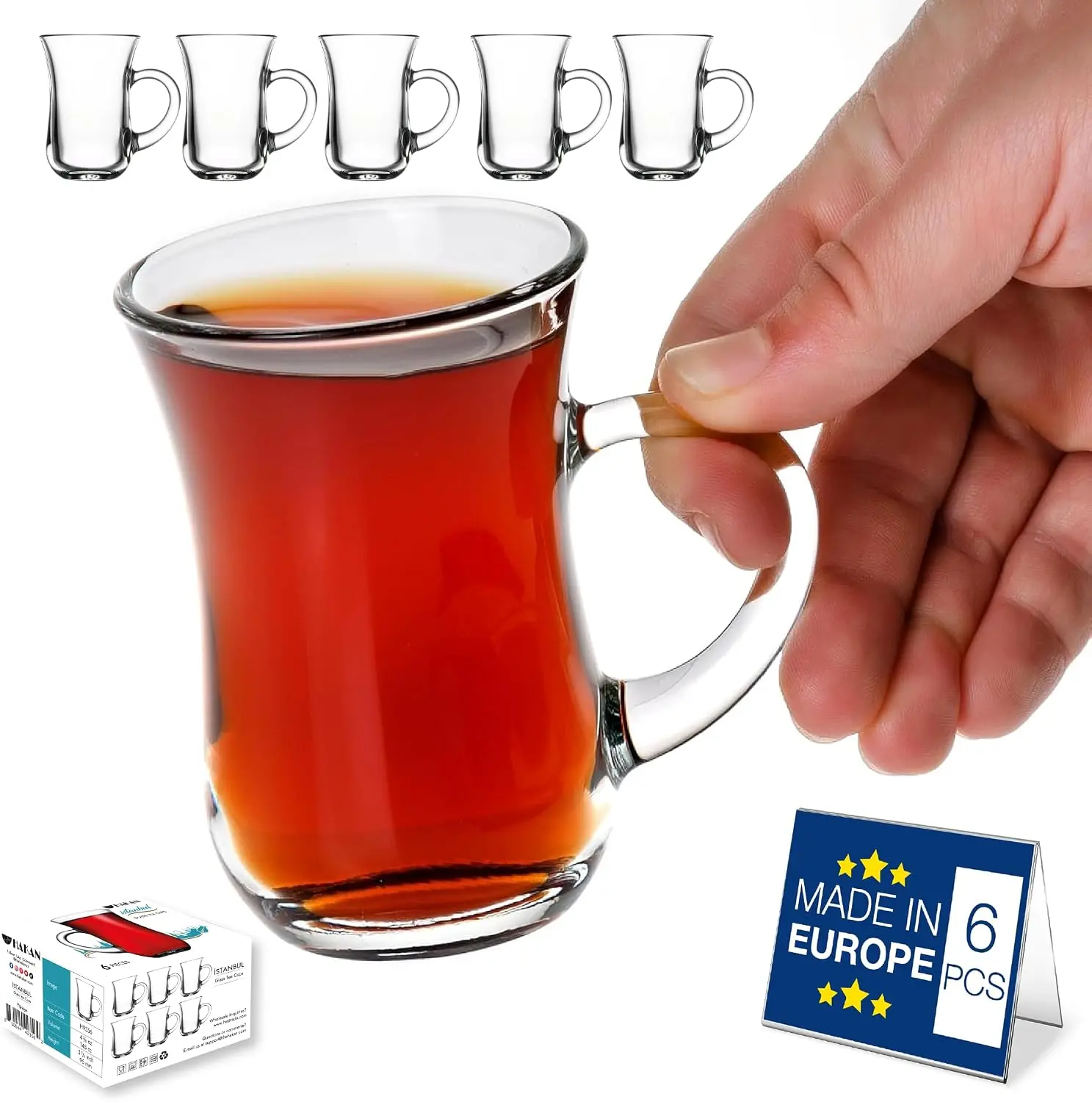 Hakan Istanbul 4.9 oz, 6 Pcs, Turkish Tea Glasses with Handles, Small Glass Tea Cups, Turkish Clear Teacup Set, Modern Tea Glasses, Drinkware for Hot and Cold Beverages with Special Box