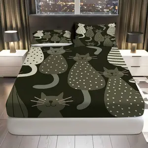 3Pcs Cat Polka Dot Stripes Fitted Sheet Three Piece Set (1*Fitted Sheet+2*Pillowcases, Coreless), Animal theme, Cute Bedding Set, Mattress Protector Soft, Breathable
