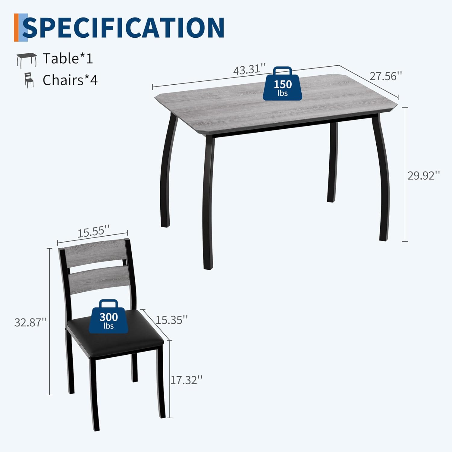 Dining Table Set for 4 Modern Kitchen Table and Chairs Set with Chamfered Edges Cushioned Seats Space-Saving Metal Frame for Dining Room Apartment Small Spaces, White & Wood Grain Color