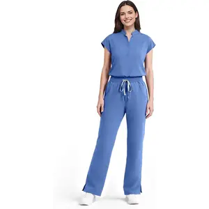 Scrubs for Women Set Soft Sleeveless Stand-Up Collar Scrub Top & Straight Leg Scrub Pant, 9 Pockets, Yoga Waistband