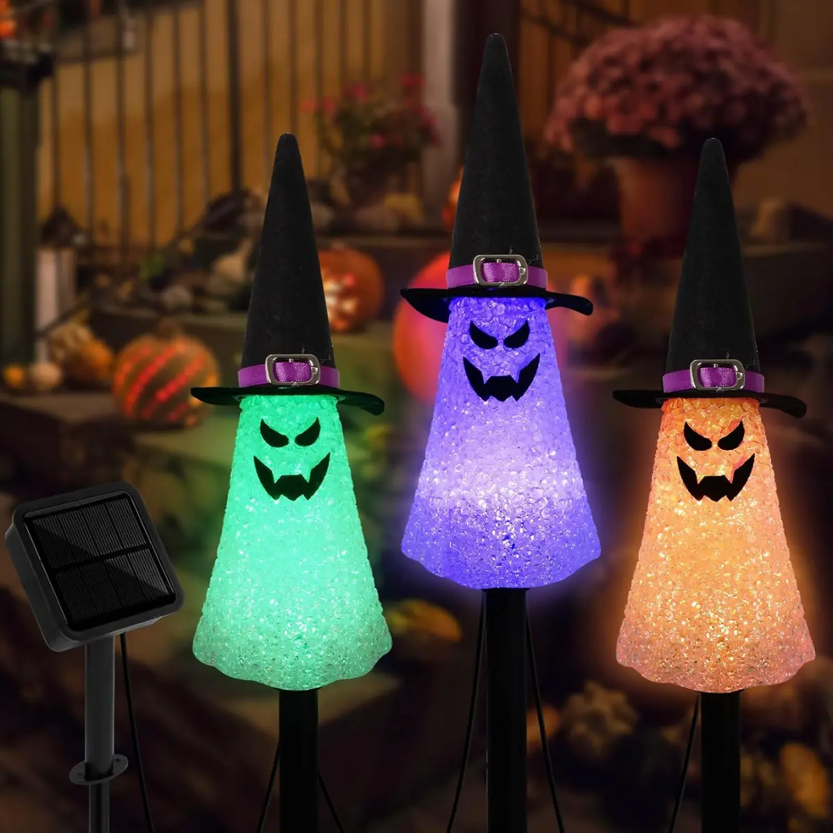 LIGHTSHINE 3PCS Solar Ghost Halloween Pathway Lights, Outdoor Garden Stake Decor with Orange-Purple-Green Glow for Yd, Patio, Porch