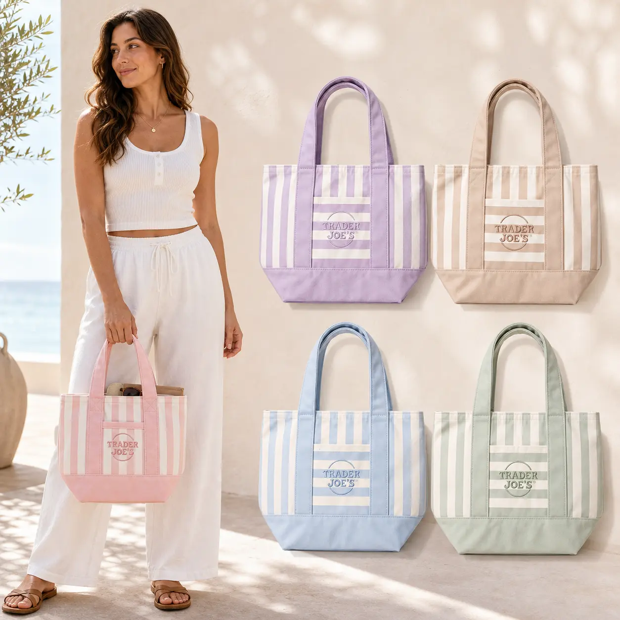 2026 New Style 2026 Pastel Striped Mini Canvas Tote Bag for Women, Reusable Grocery Market Tote with Front Pocket, Heavy Duty Cotton Shoulder Carryall for Lunch, Work, Travel, Beach & Daily Errands
