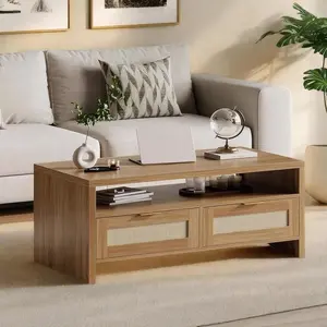 2 Tiers Boho Coffee Table with Storage,40" Mid Century Rattan Console Table with Drawers and Open Shelf, Wooden Center Coffee Table for Living Room/Apartment/Farmhouse/Bedroom