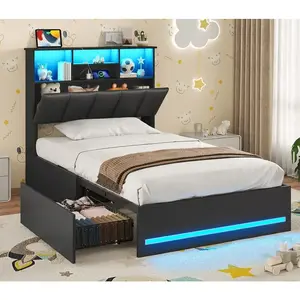 Bed Frames with Bookcase Headboard, Wooden Bed Frame with Charging Station, 4 Storage Drawers and LED Lights, LED Bed Frame with Type-C and USB, No Box Spring Needed, Black summervibes