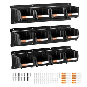 VEVOR Wall Mounted Storage Bins, 12 Plastic Bins 3 Metal Rails, Plastic Hanging Stackable Storage Bin for Screws, Nuts, Bolts, Nails, Hardware Tool Organizer for Workshop, Craft Room, Garage, Black