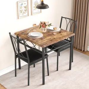 Space-Saving 3-Piece Dining Set for 2, Rustic Square Wooden & Metal Table with Upholstered Chairs, Compact Dining Furniture Perfect for Small Spaces & Apartments, Available in Rustic Gray & Brown