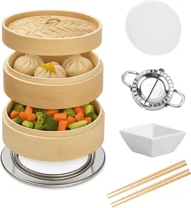 Bamboo Steamer 10 Inch 2-Tier Dumpling Steam & Food Basket Eco-Friendly Cooking Tool with 4 Chopsticks Sauce Dish Reusable Liners & Ring Adapter for Chinese Cooking - Cookware