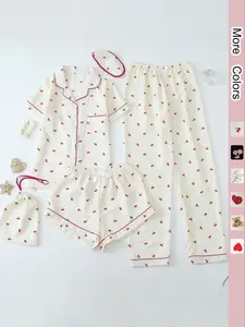 Women's Two-Piece Set All Over Cherry Print Contrast Binding Pyjama Set, Casual Elegant Lapel Pocket Shirt & Elastic Waist Pants & Shorts & Scrunchie & Eye Mask & Storage Bag, Women's Sleepwear for All Seasons, Matching, Womenswear, Pajama Set, Pajamas