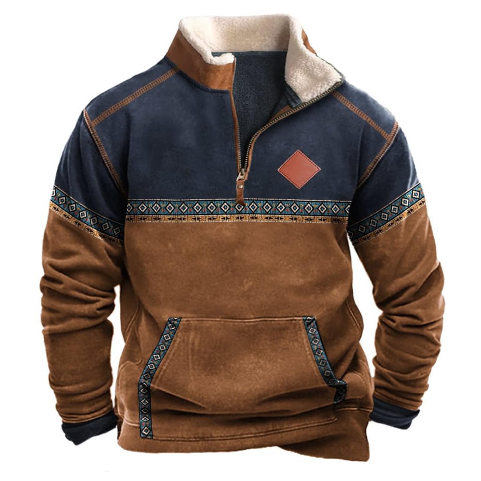 Men ' s Aztec Graphic Pullover Half - Zip   Sweatshirt with Front Pocket - Sweaters ,  Menswear Casual Long Sleeve Cotton Athletic   Collared Hoodie