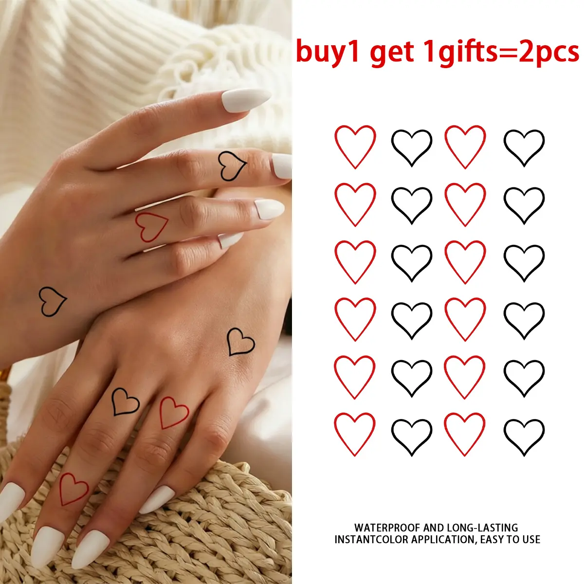 Red & Black Small Heart Outline Finger Temporary Tattoo Stickers - 2 Sheets Semi-Permanent Waterproof Realistic Minimal Fake Tattoos, Body Art Decals for Women Girls, All Skin Types Perfect for Party, Beach, Daily Wear
