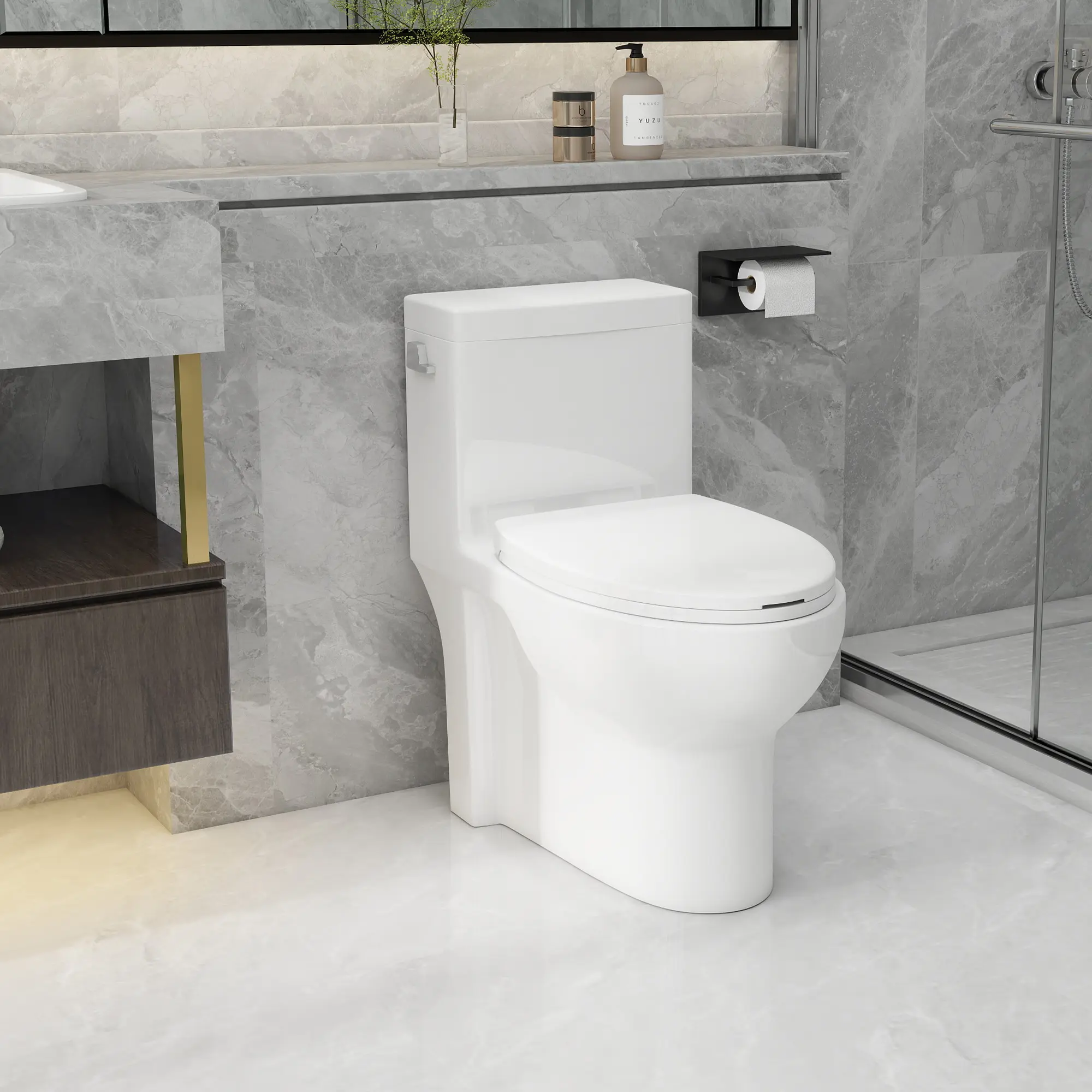 Gloss White Compact Elongated One-Piece Toilet, 17.3"ADA Comfort Height, Side Push Flush Buttons, WaterSense Tornado Dual Flush 1.1/1.6 GPF, 12" Rough-In Siphonic S-Trap, Quiet Soft-Close Seat