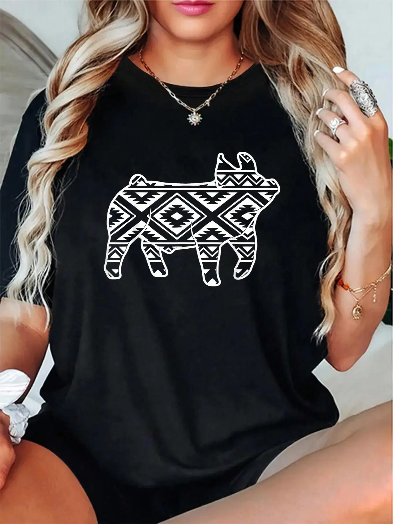 Unisex 100% Cotton Aztec Show Pig Livestock Pig Breeder Stock Show Mom Pig T-Shirt, Autumn Women’s T-Shirt Christmas Happy Letter Snowflake Fun Pattern