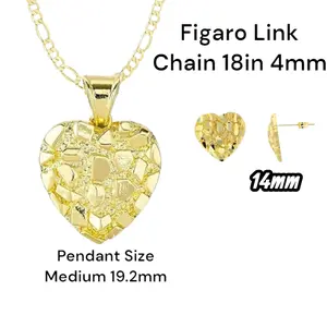 14k Gold Plated Nugget Jewelry Set - Textured Heart Minimalist Push Back Stud Earrings & Rope Chain Necklace for Men/Women Unisex Elegant Design Brass