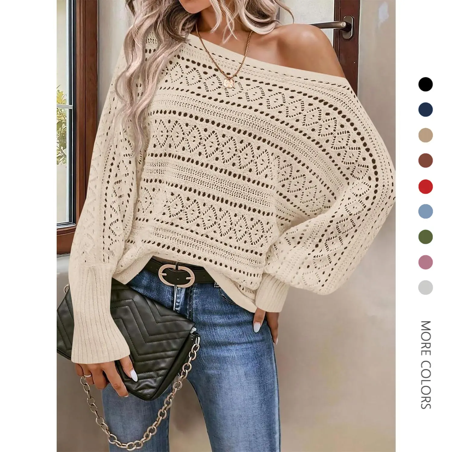 Danedvi Lady's Off-The-Shoulder Batwing Longsleeve Knitting Clothes - Fall Casual Loose Oversized Basic Top, Boho Artistic Full-Length Holiday Wear (Non-Customized, Check Size Chart)