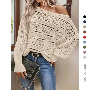 Danedvi Women's Off-The-Shoulder Batwing Longsleeve Knit Pullover - Fall Casual, Basic Loose Oversized Crochet Clothes for Holiday Wear, Boho, Artistic, Full-Length, Non-Customized Women's Pullovers