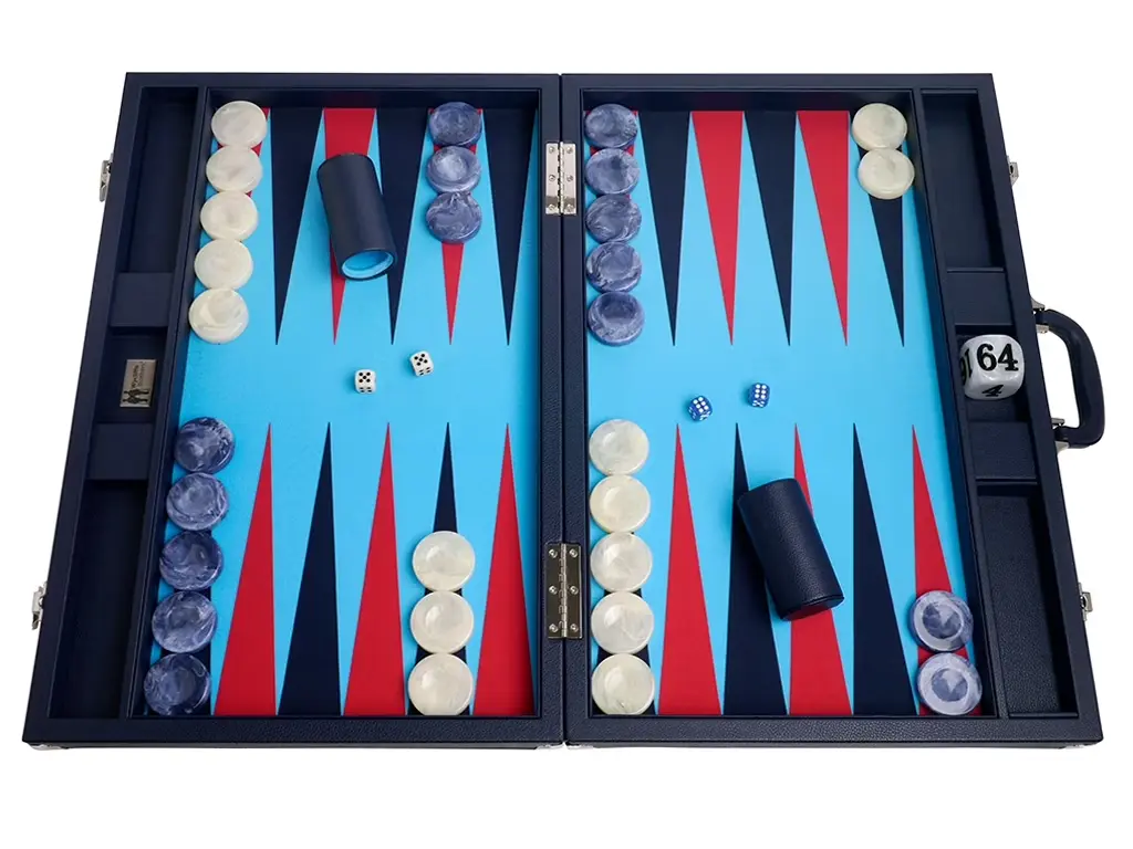 Wycliffe Brothers 24-inch Backgammon Set with 2-inch Checkers - Blue Case with Light Blue Field - Club Class