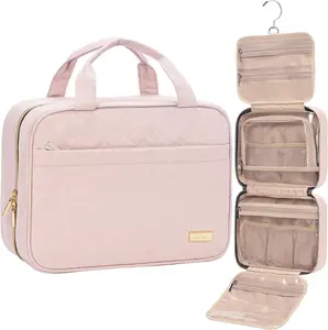 NISHEL Travel Toiletry Bag for Women, Portable Hanging Organizer for Travel-Sized Shampoo, Conditioner, Brushes Set, Makeup Accessories, Medium Size, Pink